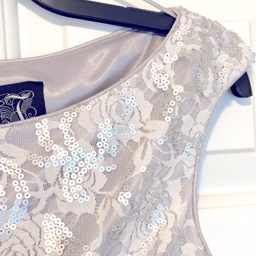 JAX silver sequin floral dress, Size 2